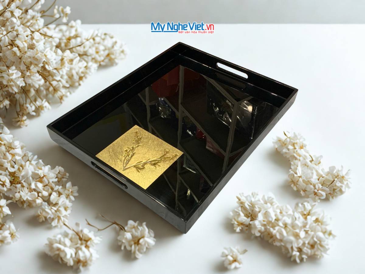 Khay sơn mài dát vàng lá cây nền đen KSMTN34-1