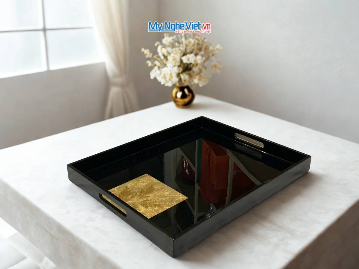 Khay sơn mài dát vàng lá cây nền đen KSMTN34