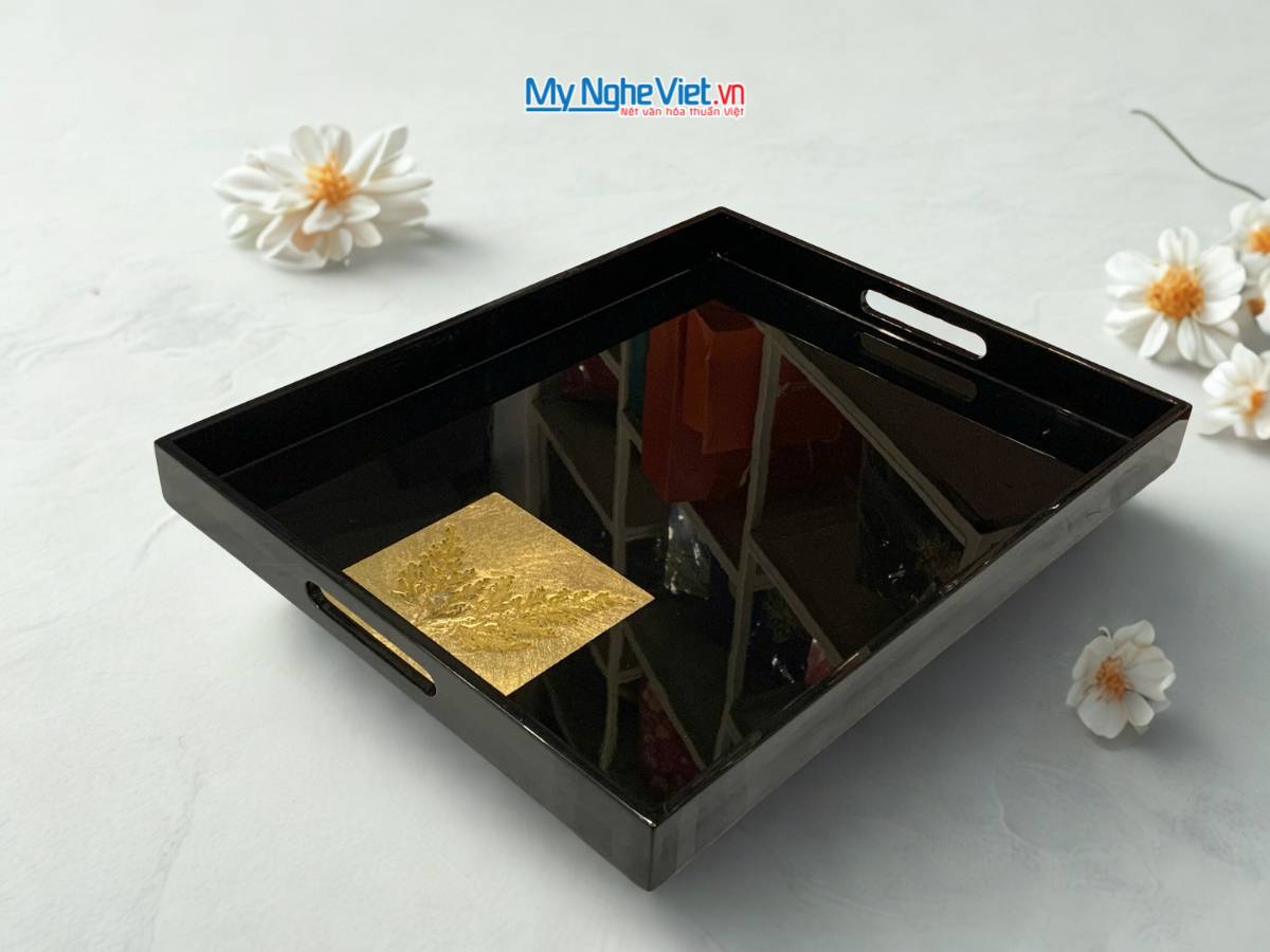Khay sơn mài dát vàng lá cây nền đen KSMTN34-3