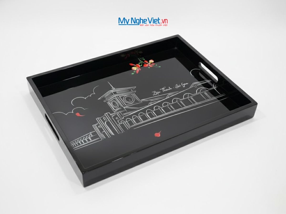 Khay sơn mài cao cấp vẽ Chợ Bến Thành - Lacquer Trays KSMHD01