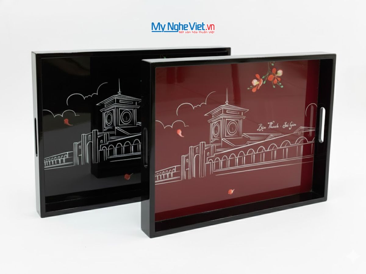Khay sơn mài cao cấp vẽ Chợ Bến Thành - Lacquer Trays KSMHD01