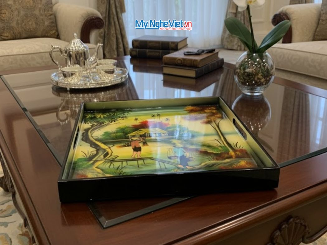 Khay sơn mài vuông vẽ phong cảnh KSM33.2