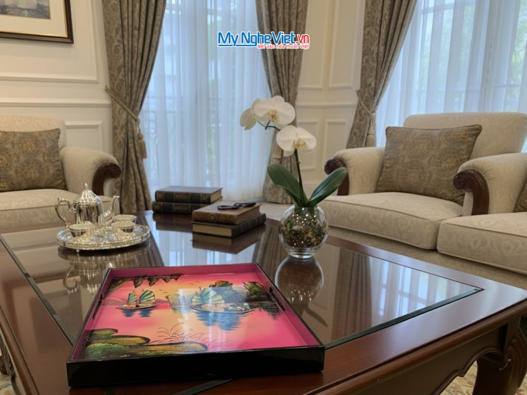 Khay sơn mài vuông vẽ phong cảnh KSM33.3