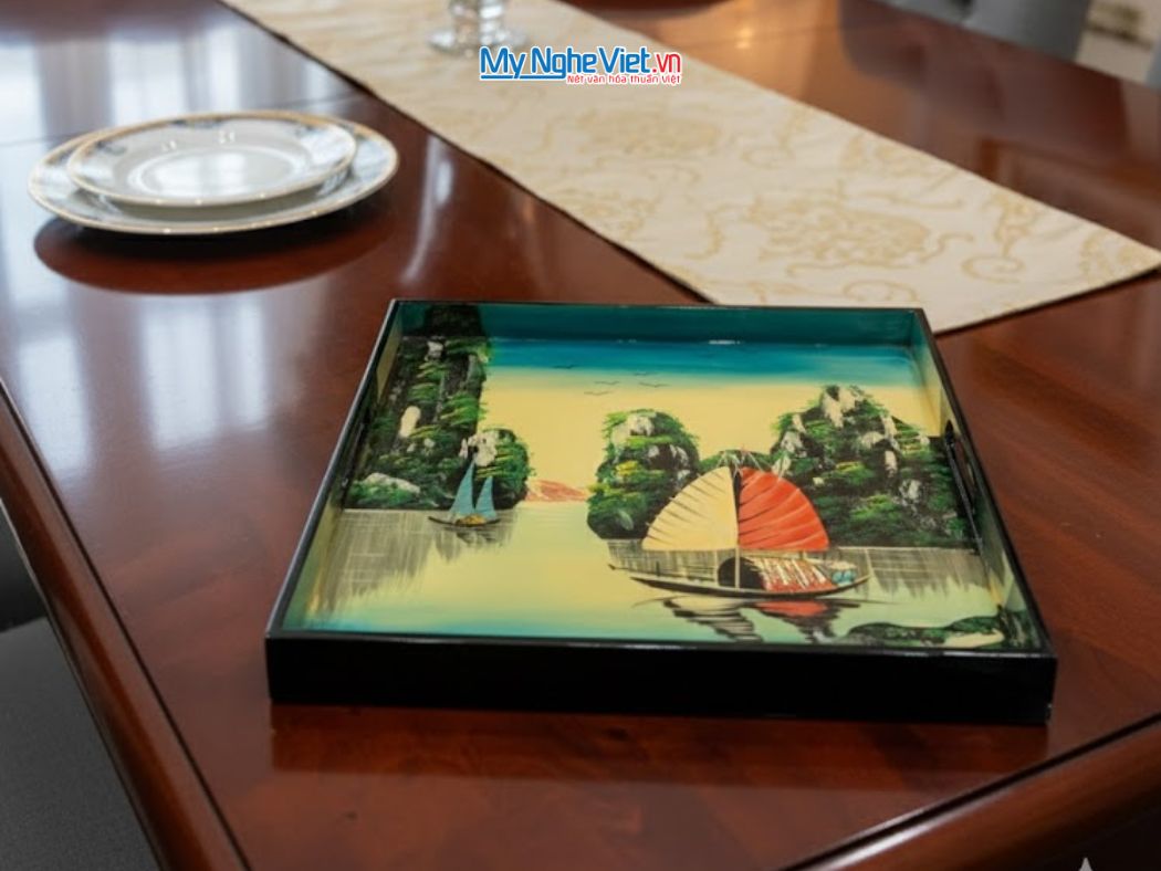 Khay sơn mài vuông vẽ phong cảnh KSM33.1