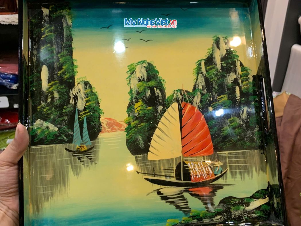 Khay sơn mài vuông vẽ phong cảnh KSM33.1