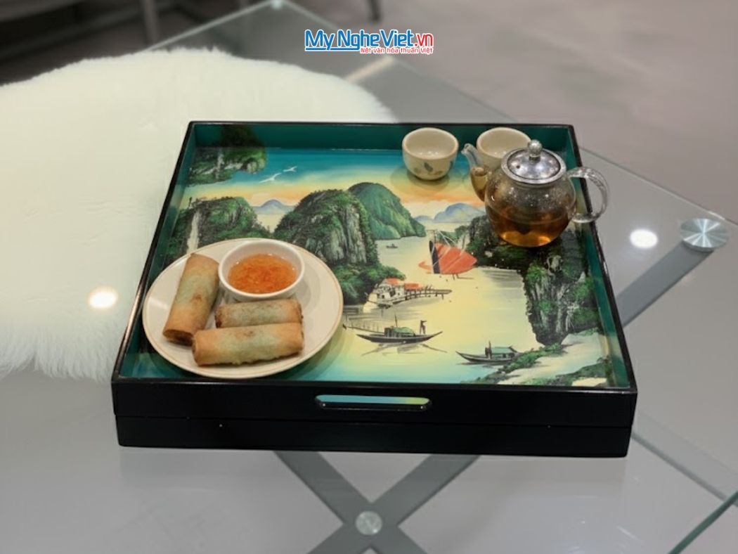 Khay sơn mài vuông vẽ phong cảnh KSM33.1