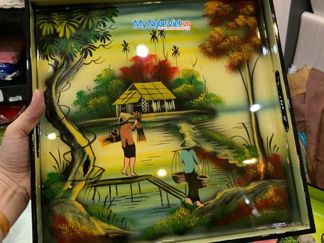 Khay sơn mài vuông vẽ phong cảnh KSM33.2
