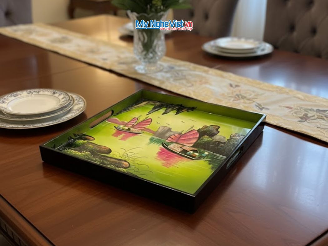 Khay sơn mài vuông vẽ phong cảnh KSM33