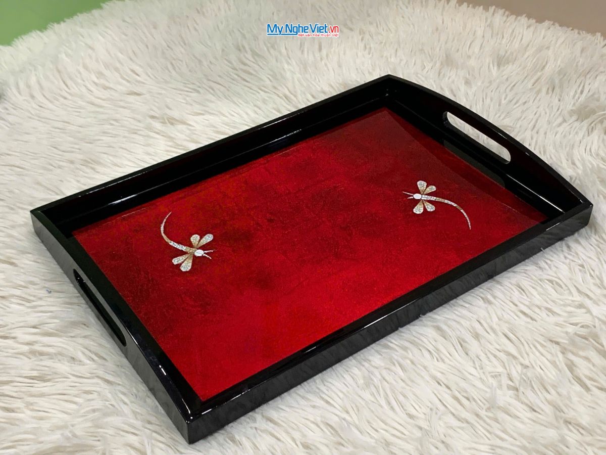 Khay sơn mài cao cấp nền đỏ đắp vàng cẩn chuồn 37x26cmx3.5cm KSM325-2