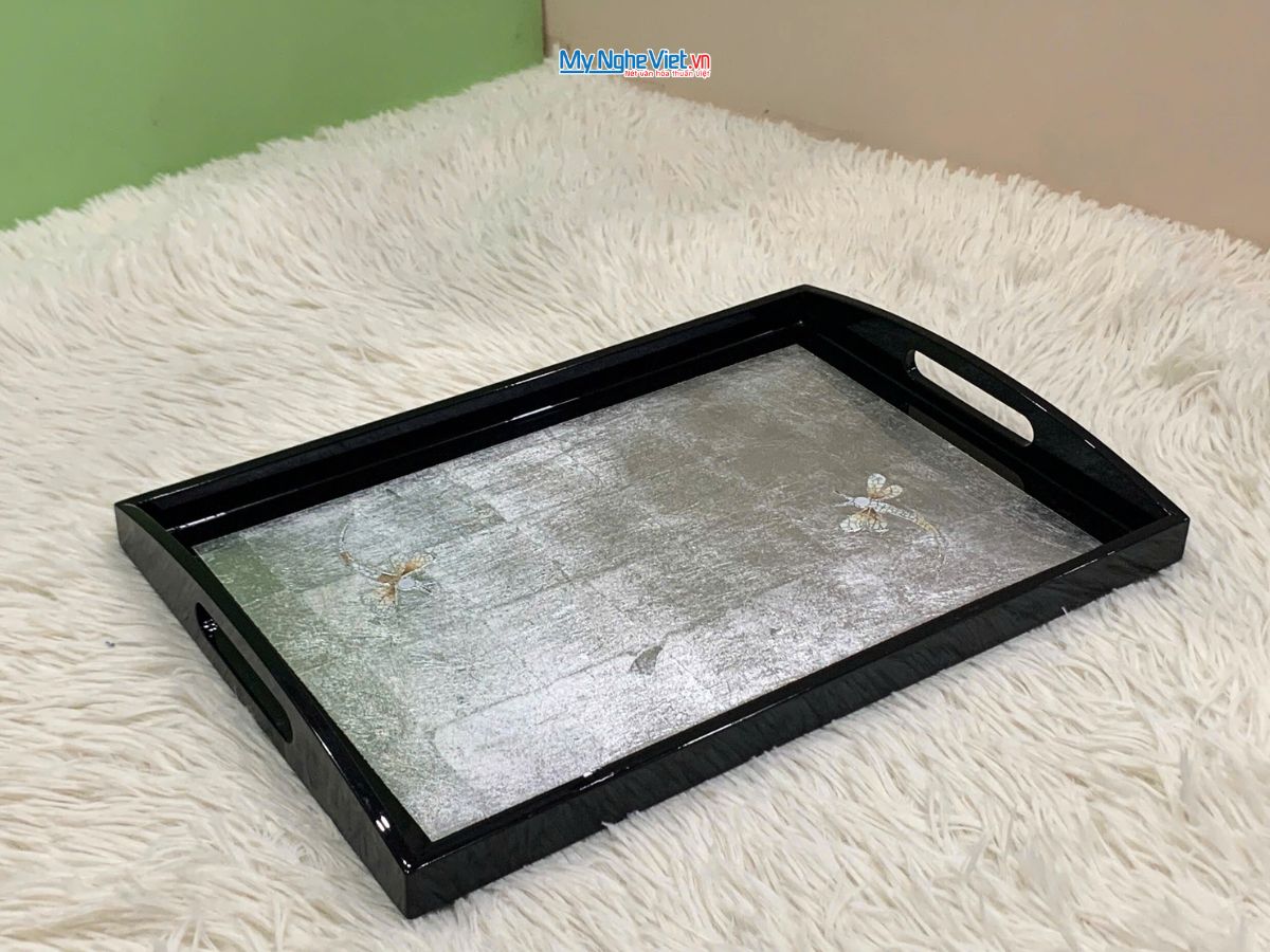 Khay sơn mài cao cấp đắp bạc cẩn chuồn 39x28cmx3.5cm KSM326-1