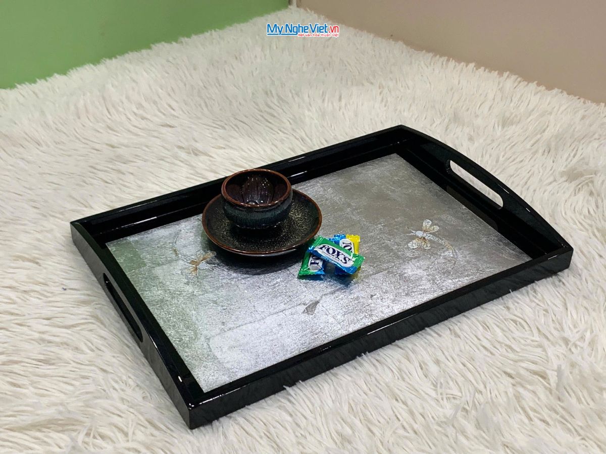 Khay sơn mài cao cấp đắp bạc cẩn chuồn 39x28cmx3.5cm KSM326-1