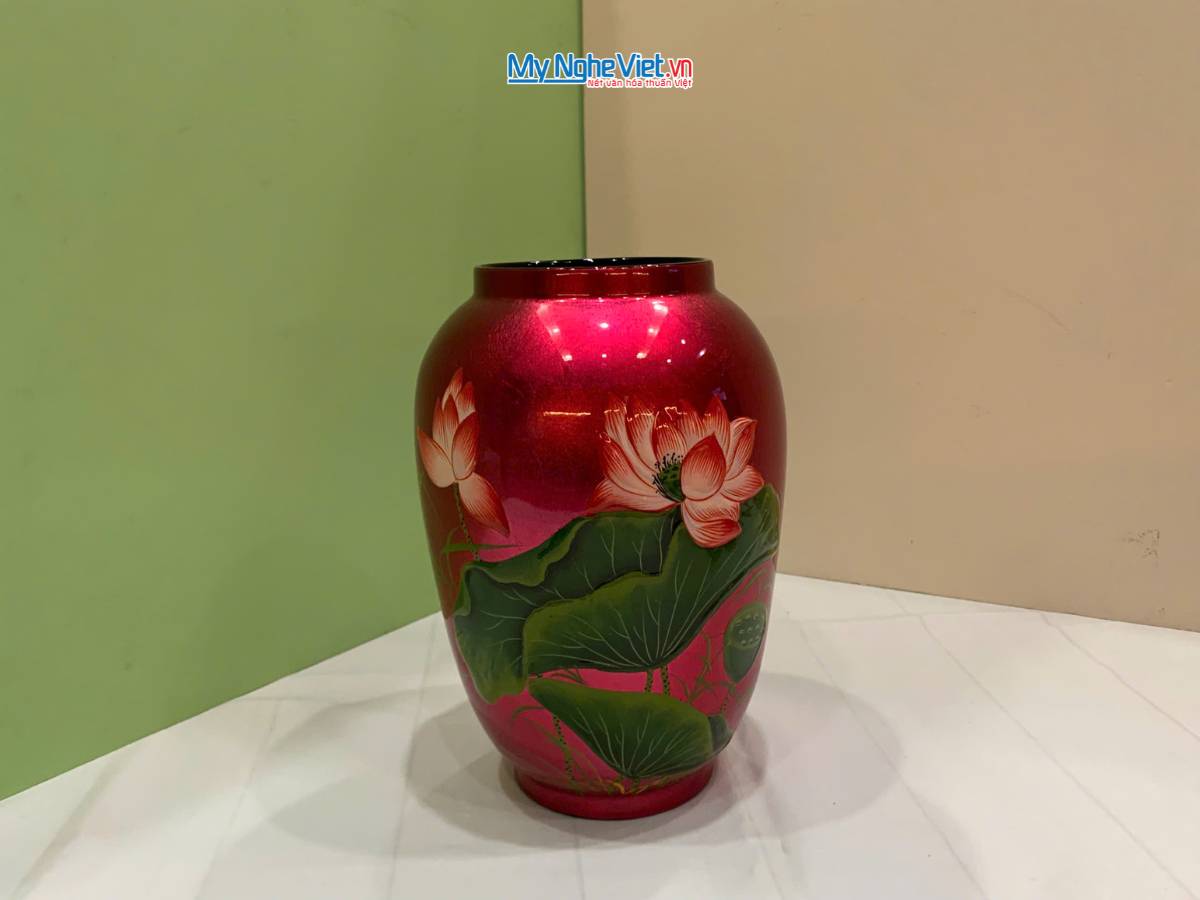 Lọ hoa sơn mài hoa sen đắp nổi phù điêu LHSMDH25-6.4