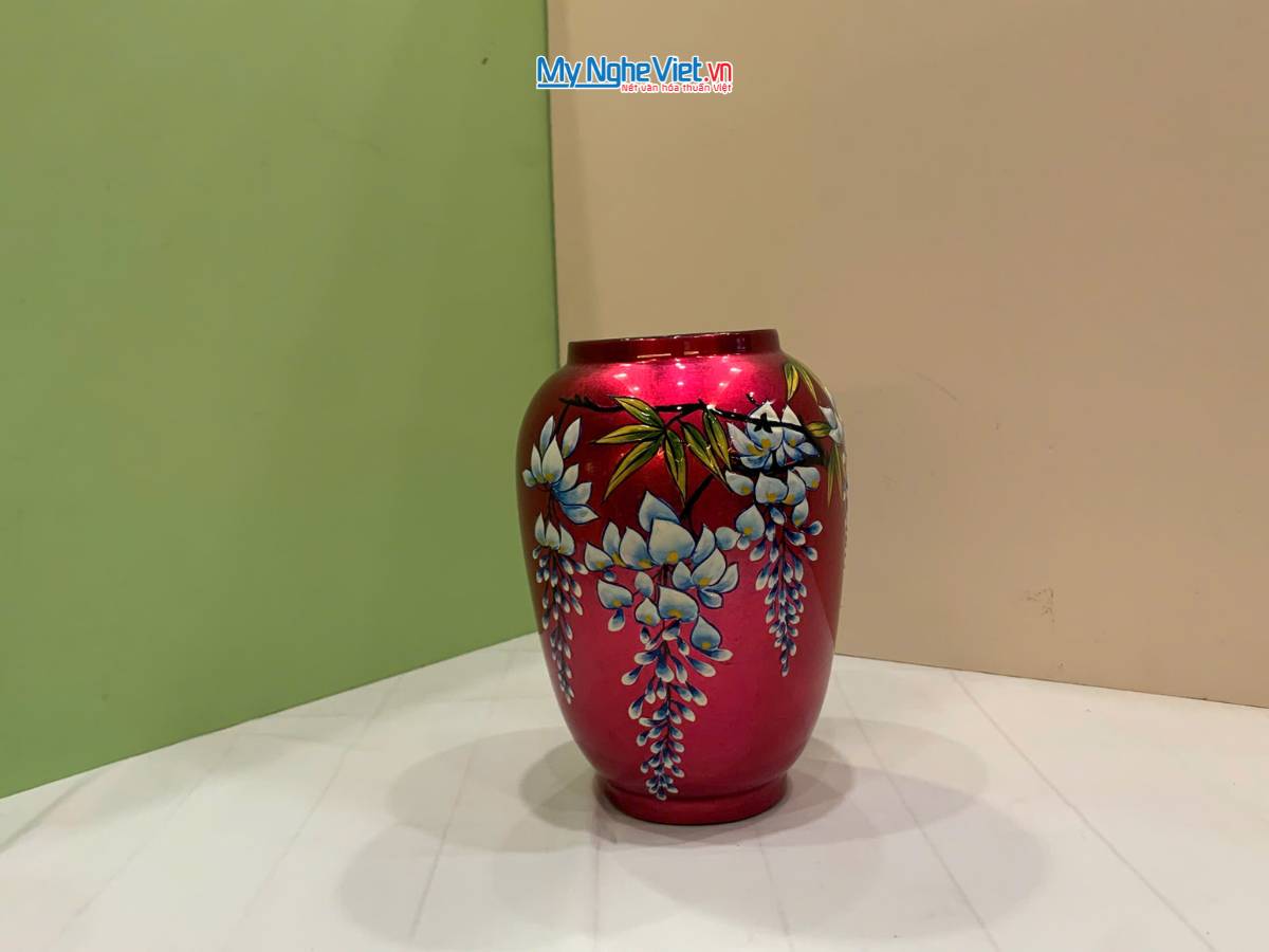 Lọ hoa sơn mài hoa tử đằng đắp nổi phù điêu LHSMDH25-6.1