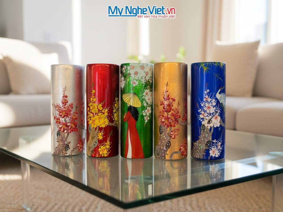 Lọ hoa Sơn mài dáng trụ đủ mẫu D11 X H30 LHSM30