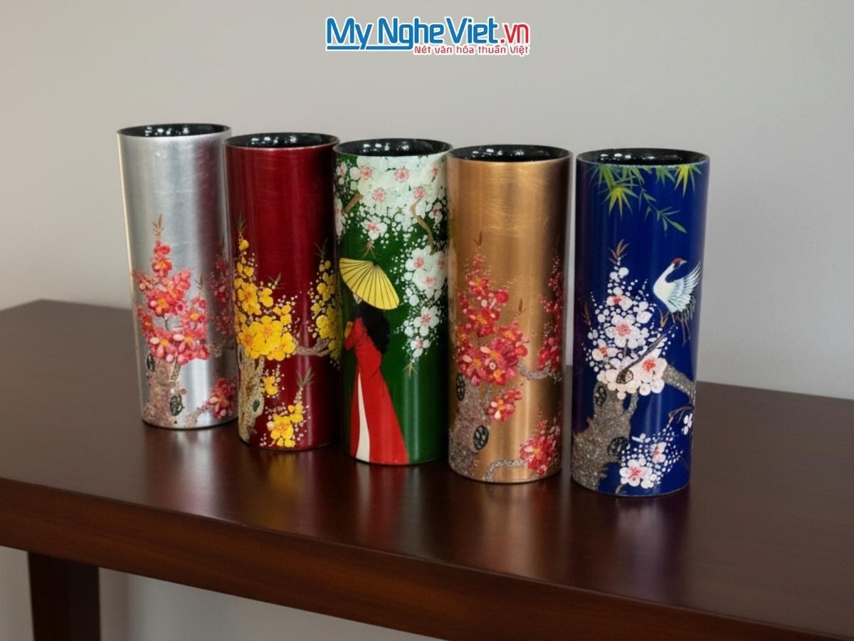 Lọ hoa Sơn mài dáng trụ đủ mẫu D11 X H30 LHSM30