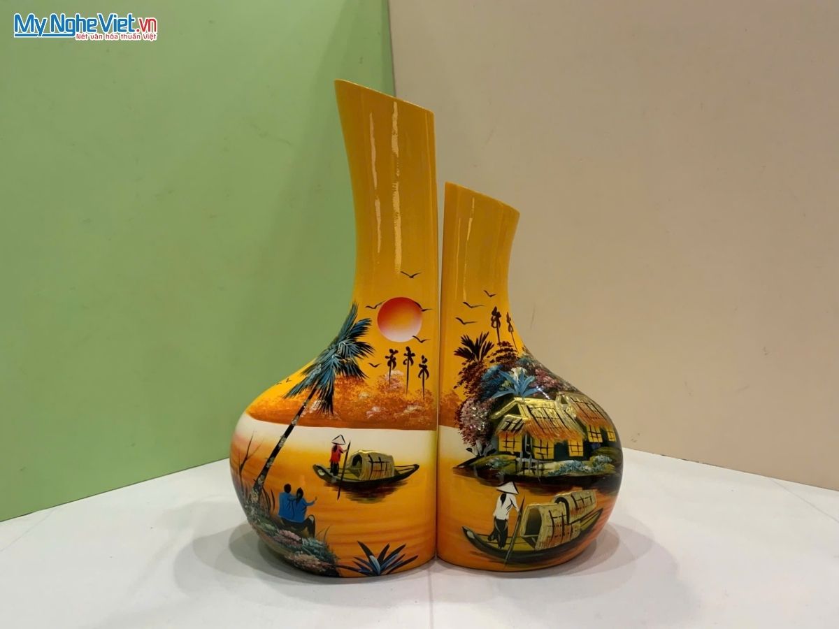 Cặp Lọ hoa sơn mài phu thê đồng quê đủ mẫu lớn 