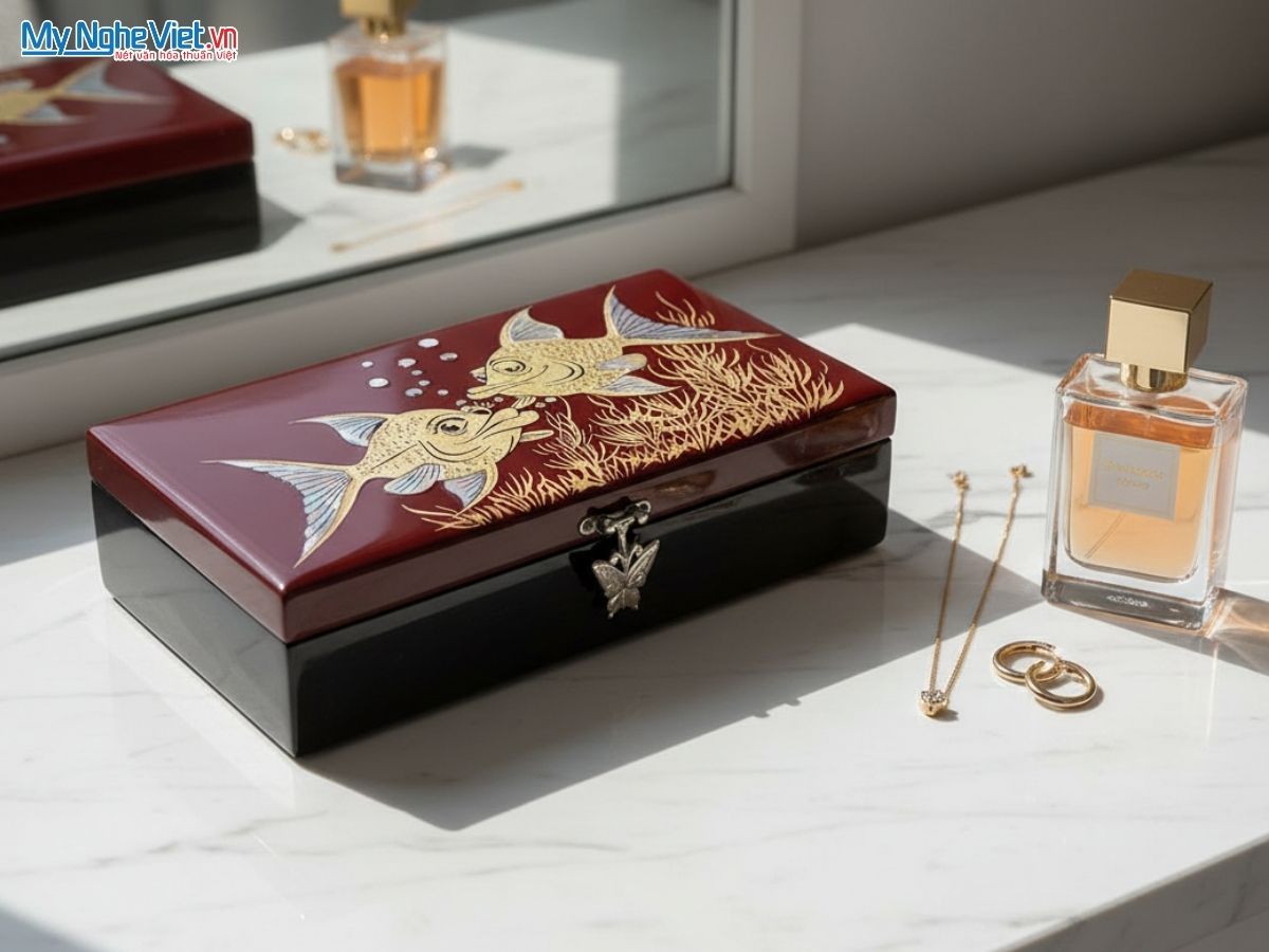 Hộp Trang Sức Cao Cấp Cẩn Cá Thoi Nền Nâu MNV-HTSHD07-1