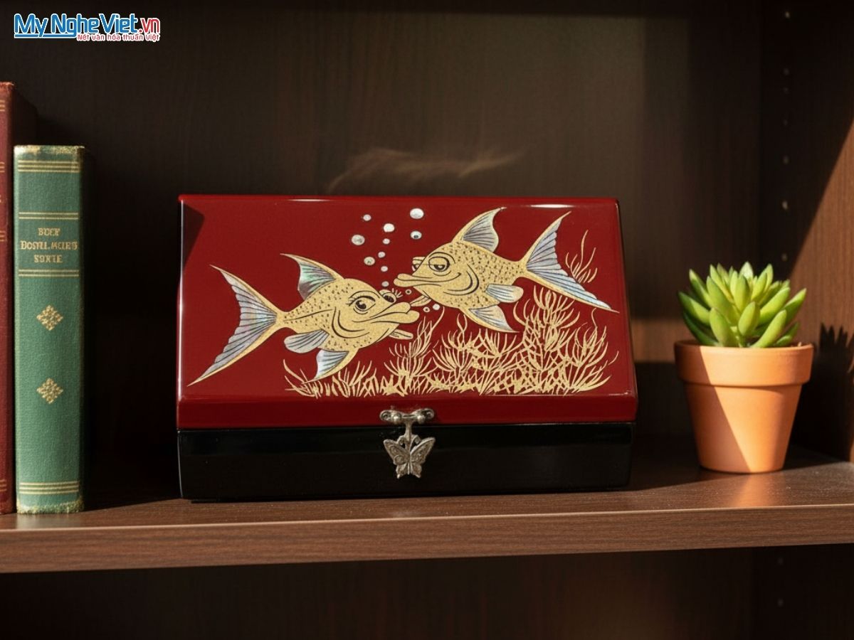 Hộp Trang Sức Cao Cấp Cẩn Cá Thoi Nền Nâu (14x24cm) MNV-HTSHD07-1