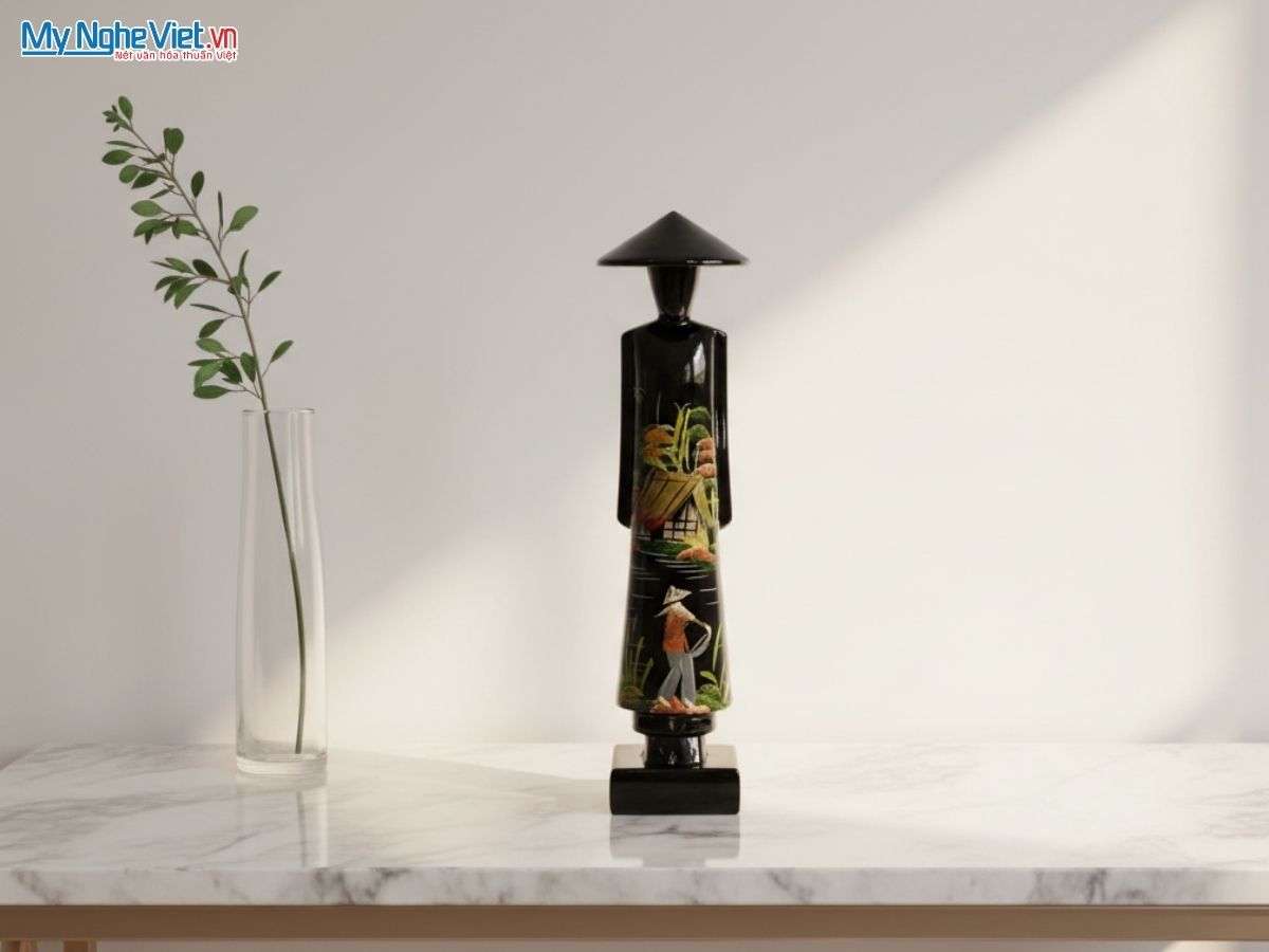 Tượng Cô Gái Áo Dài Việt Nam Sơn Mài Vẽ Đồng Quê Cao 25cm MNV-MISSH25