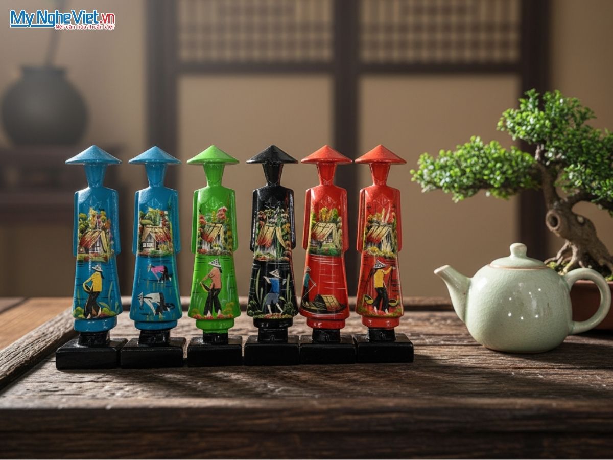 Tượng Cô Gái Áo Dài Việt Nam Sơn Mài Vẽ Đồng Quê Cao 20cm MNV-T04