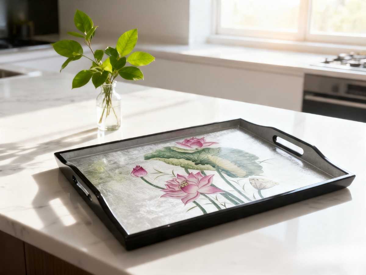 Khay sơn mài cao cấp hoa sen màu nền bạc -Lacquer Trays SMTN3555-2