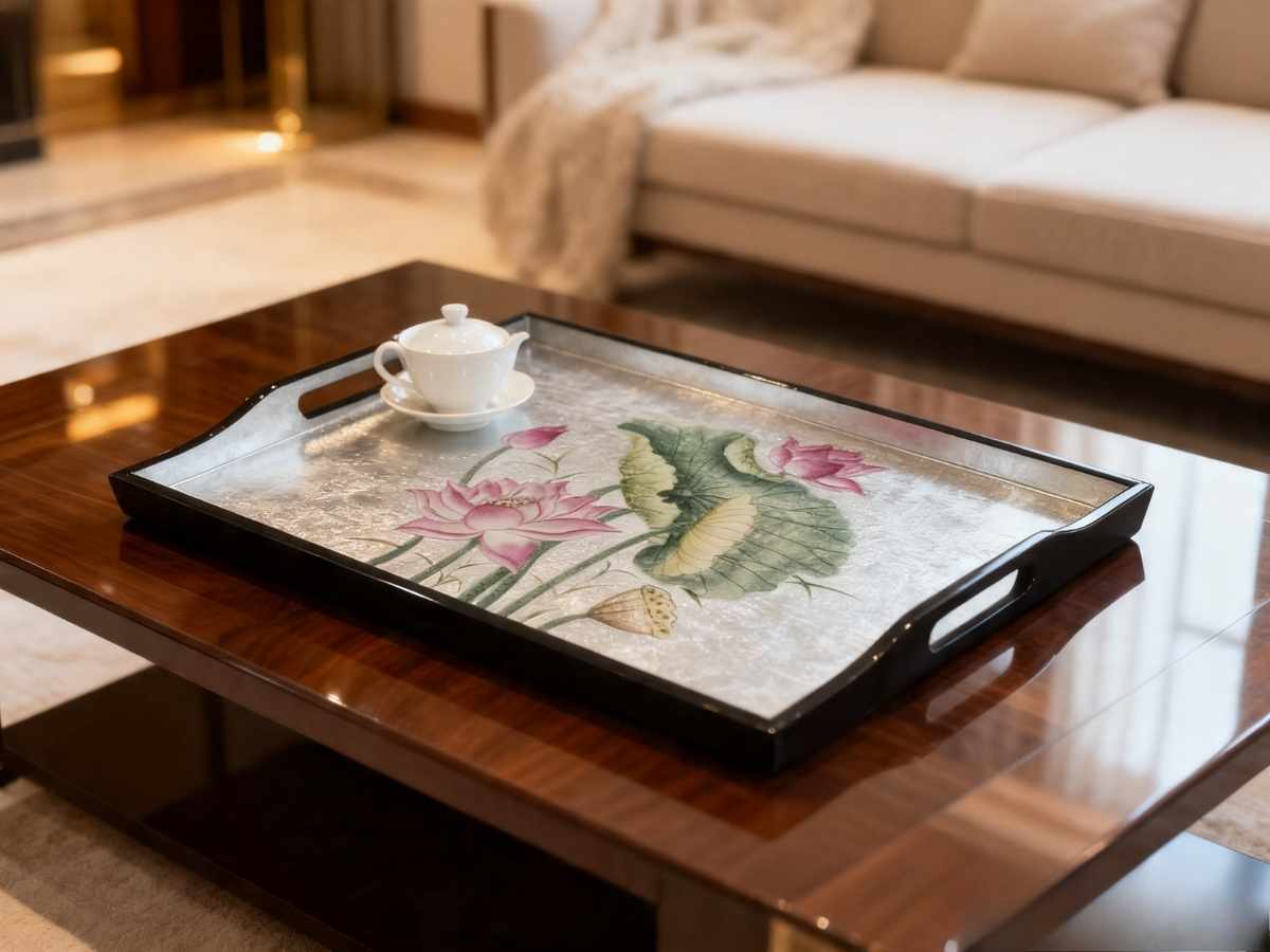 Khay sơn mài cao cấp hoa sen màu nền bạc -Lacquer Trays SMTN3555-2