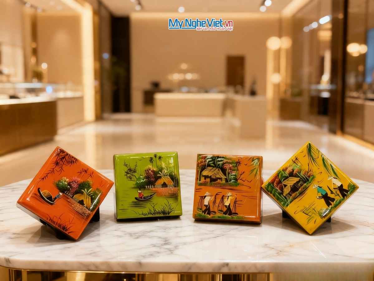 Đế lót ly sơn mài đồng quê đủ mẫu  MNV-DLL05-2 (màu ngẫu nhiên)