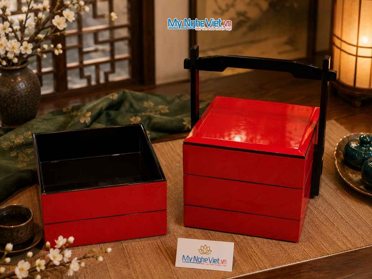 Hộp Cơm sushi sơn mài 3 tầng quai xách MNV-HCTBL01