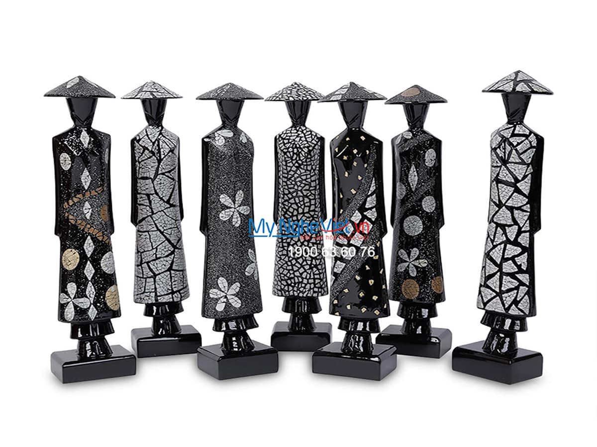 Tượng Cô Gái Áo Dài  Việt Nam Sơn Mài Cẩn Trứng Cao 20cm