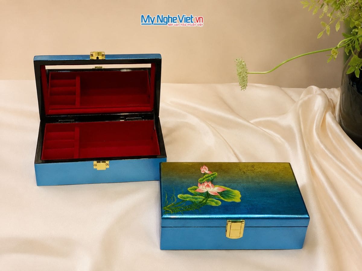 Hộp sơn mài hoa sen đắp nổi Xanh vàng (12x20cm ) HSMDH1220-1