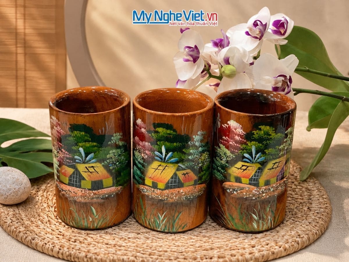 Hũ cắm bút gỗ sơn mài đồng quê D7*H11 CBSM001H