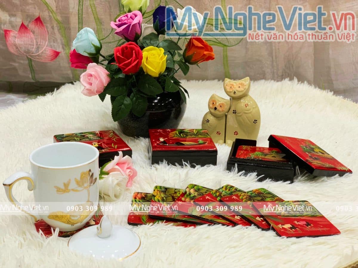 Đế lót ly sơn mài đồng quê đủ mẫu  MNV-DLL05-1 (màu ngẫu nhiên)