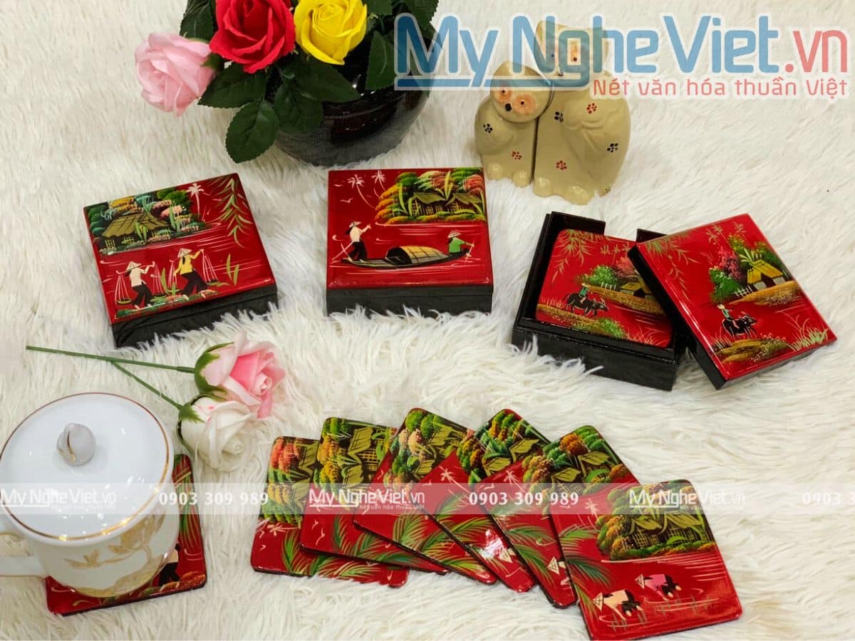 Đế lót ly sơn mài đồng quê đủ mẫu  MNV-DLL05-1 (màu ngẫu nhiên)