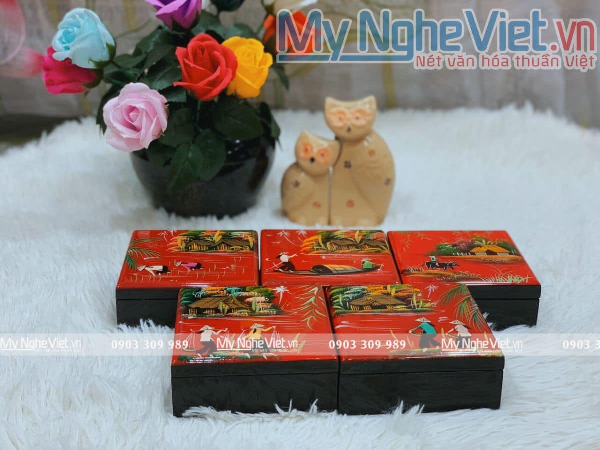 Đế lót ly sơn mài đồng quê đủ mẫu  MNV-DLL05-1 (màu ngẫu nhiên)