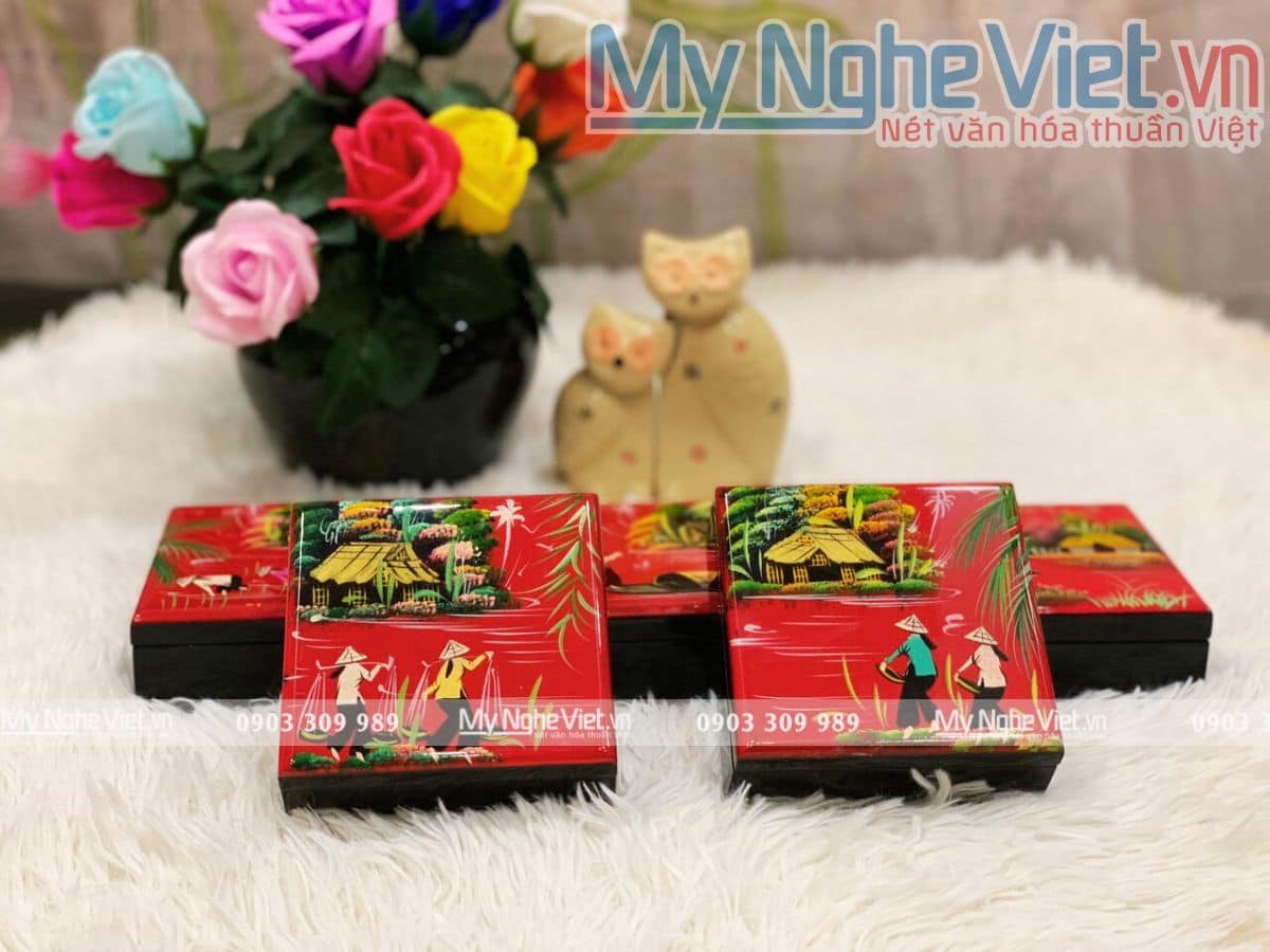 Đế lót ly sơn mài đồng quê đủ mẫu  MNV-DLL05-1 (màu ngẫu nhiên)