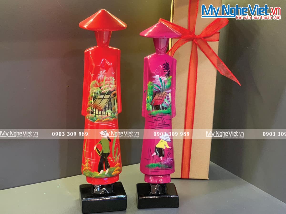 Tượng Cô Gái Áo Dài Việt Nam Sơn Mài Đồng Quê Cao 25cm MNV-T03-1