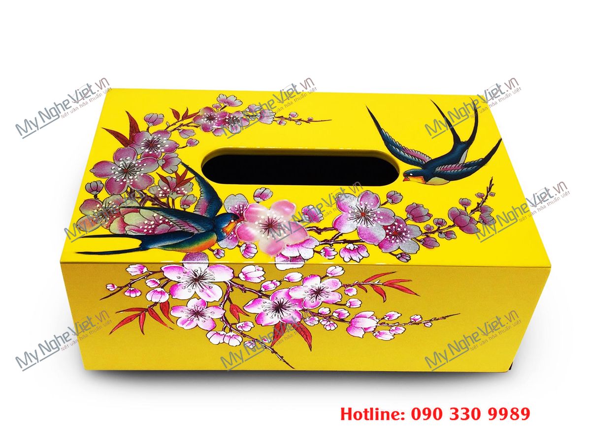 Hộp khăn giấy sơn mài vẽ chim én hoa đào nền vàng cao cấp MNV-HKGHD003