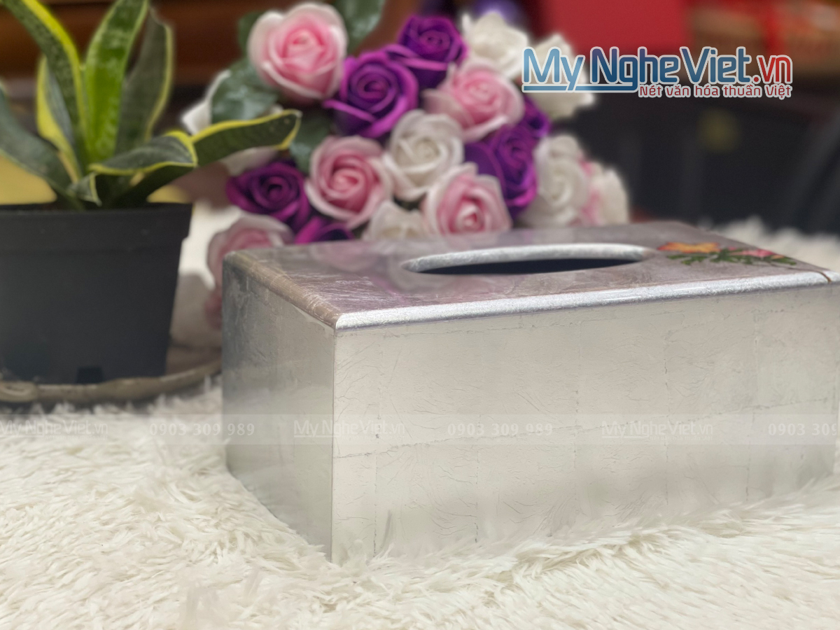 Hộp khăn giấy chữ nhật hoa lan dát bạc MNV-HKGTB04-2