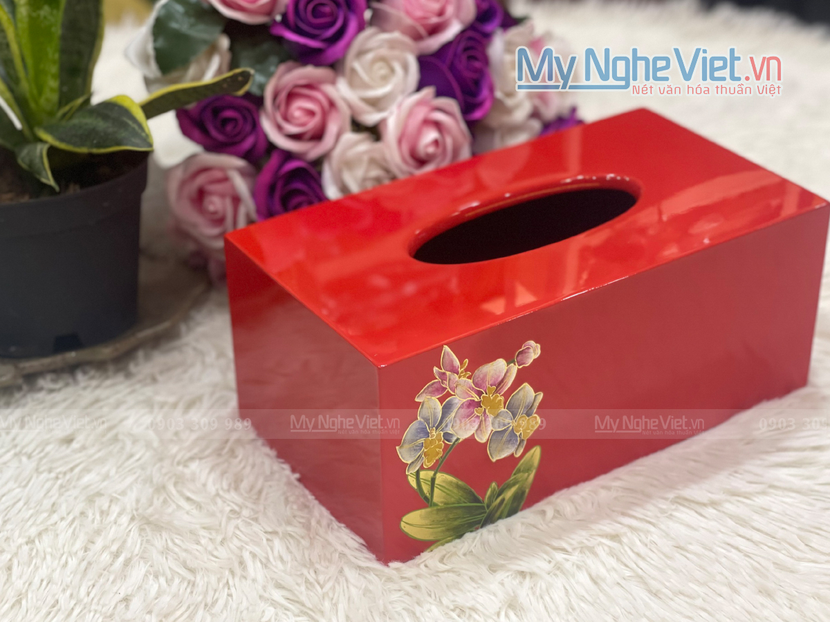 Hộp khăn giấy chữ nhật hoa lan nền đỏ MNV-HKGTB04