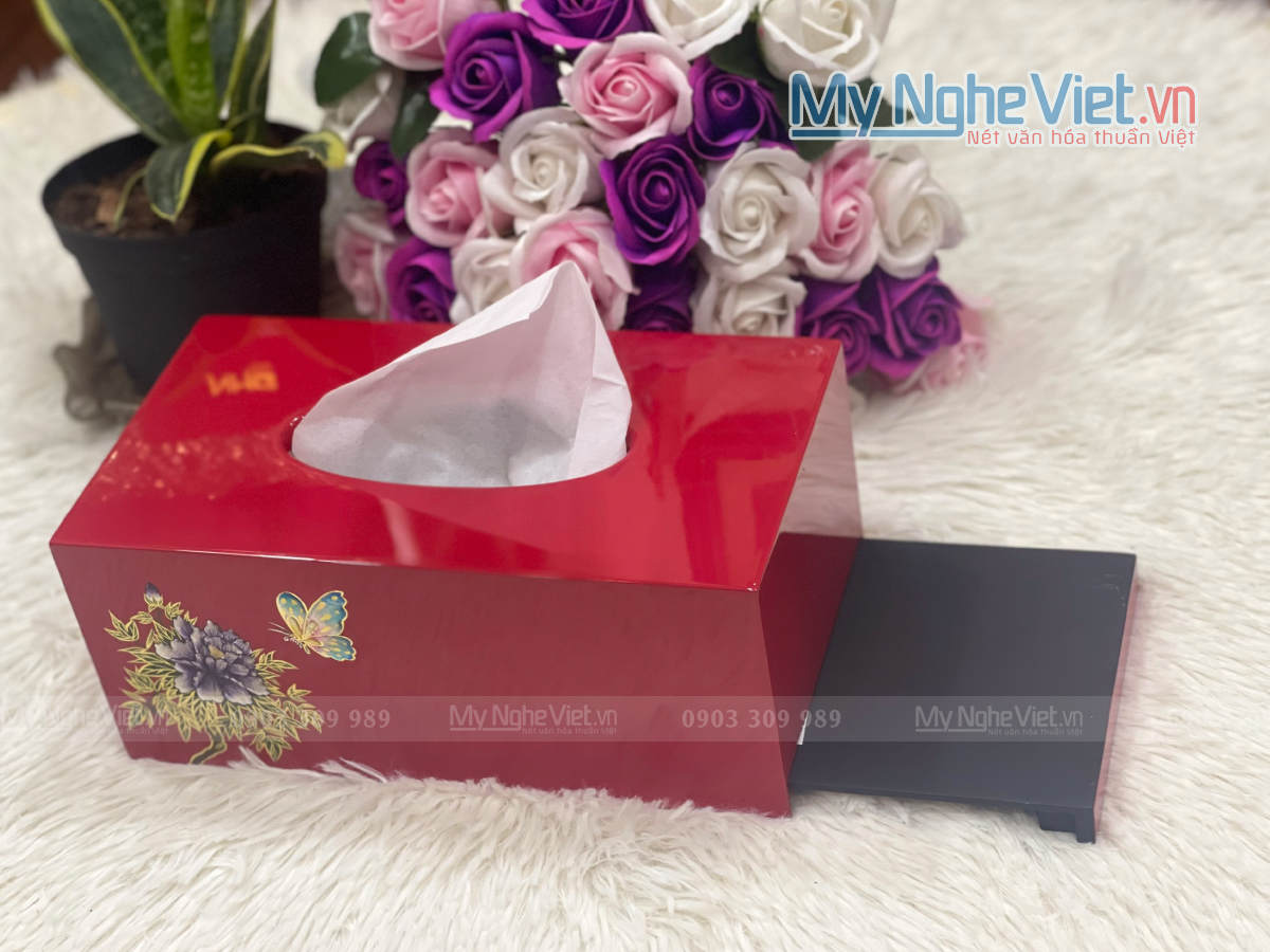 Hộp khăn giấy chữ nhật hoa mẫu đơn nền đỏ MNV-HKGTB04-1