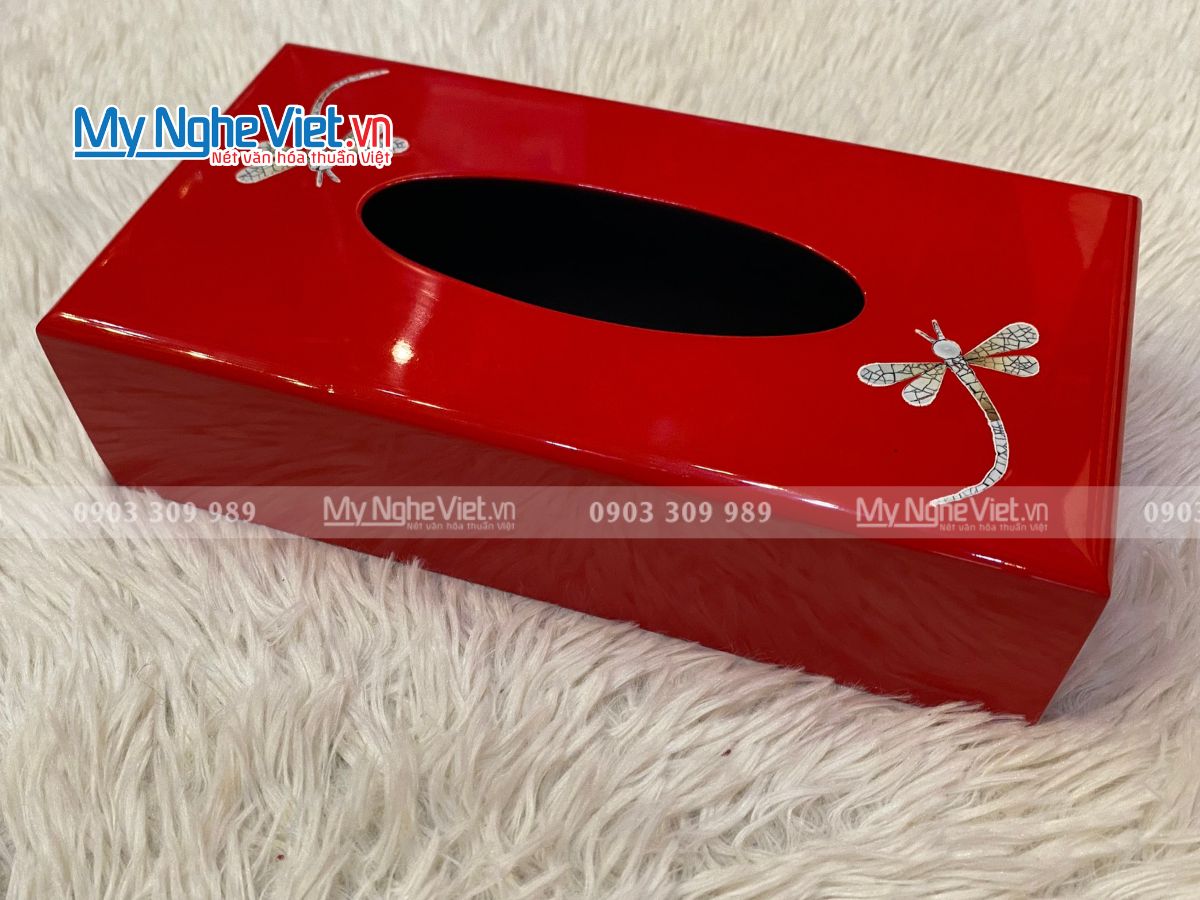 Hộp khăn giấy sơn mài cẩn chuồn đỏ MNV-HKG02-1