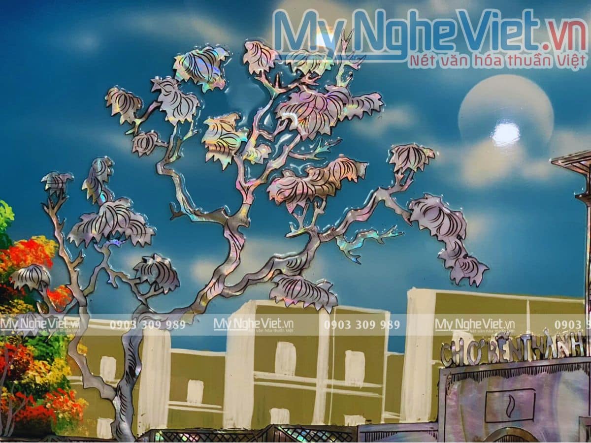 Tranh sơn mài Chợ Bến Thành cẩn ốc đẹp TSM462-1