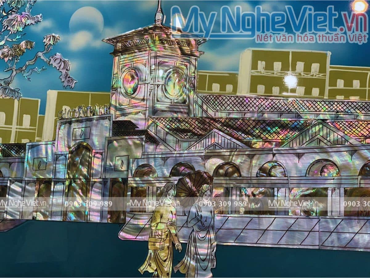 Tranh sơn mài Chợ Bến Thành cẩn ốc đẹp TSM462-1