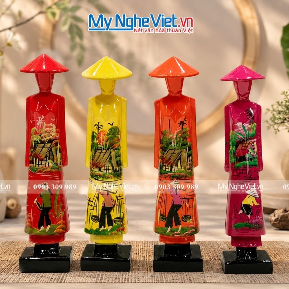 Tượng Cô Gái Áo Dài Việt Nam Sơn Mài Đồng Quê Cao 20cm TBL20M-1